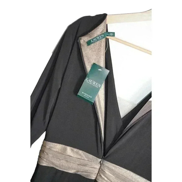 LAUREN RALPH LAUREN Gold/Black Jersey Wrap Gown Side slit Size 10P NWT MSRP $194 - Picture 10 of 13